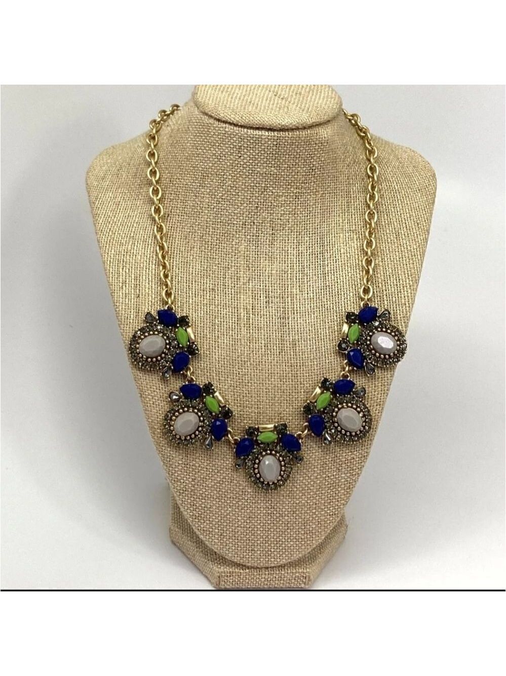 J Crew Gold-Tone Blue Green Framed Stones Statement Necklace